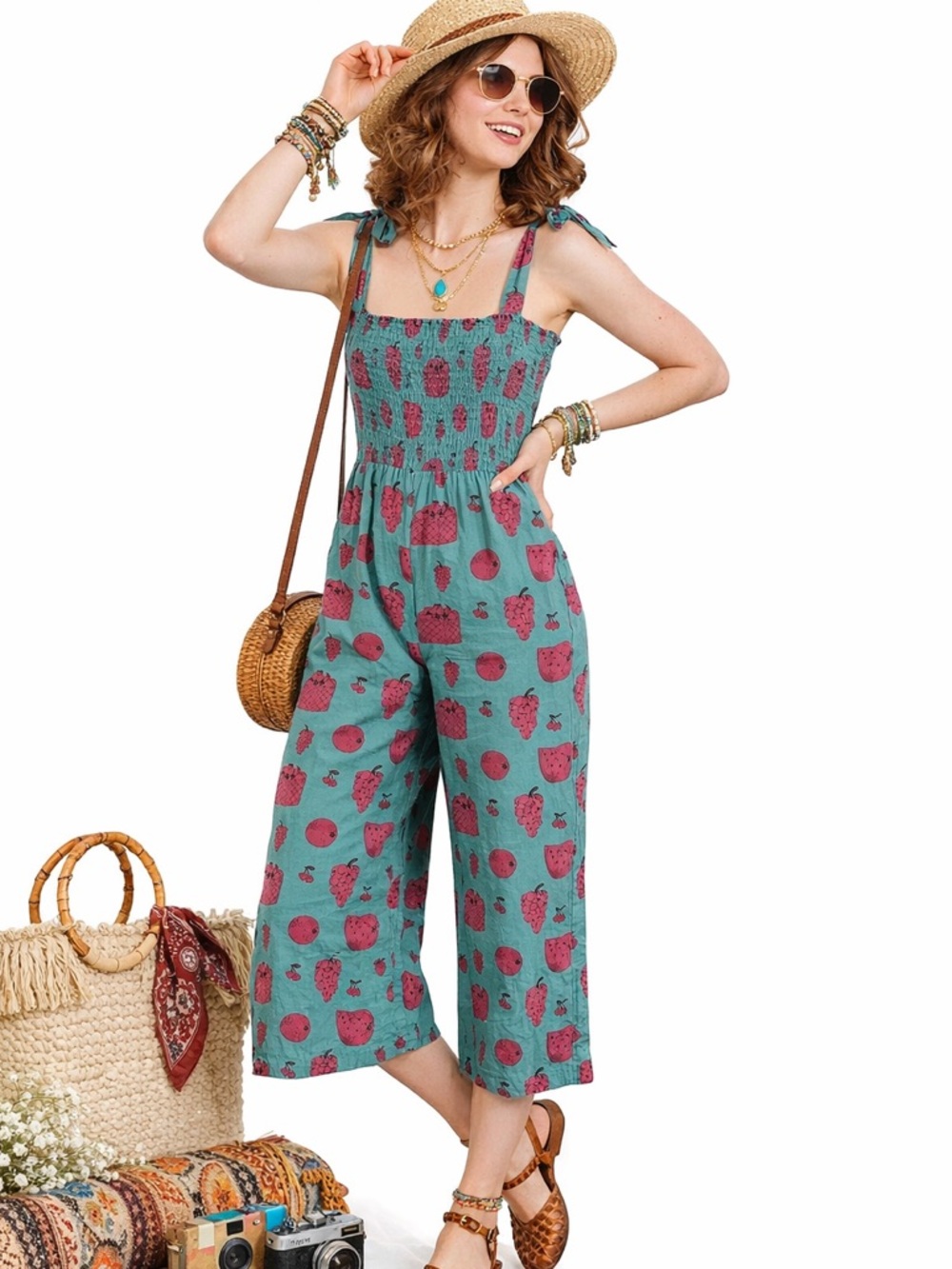 Mata Traders Fruity Pink Tie Strap Jumpsuit Teal Red Fruit Print S
